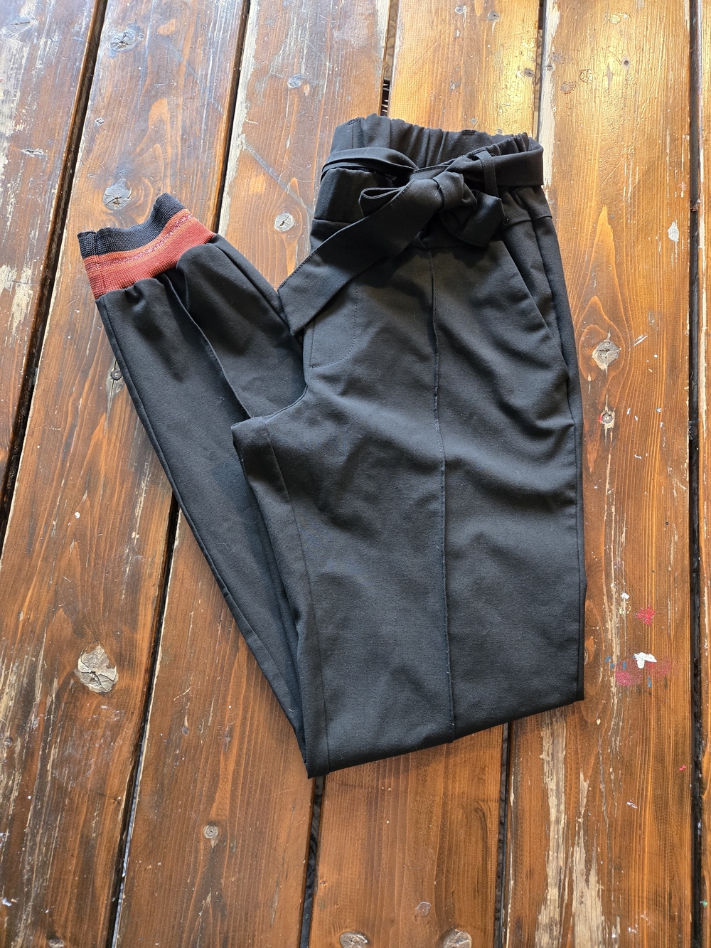Black Paperbag Waist Jogger Dress Pants with Tie Belt